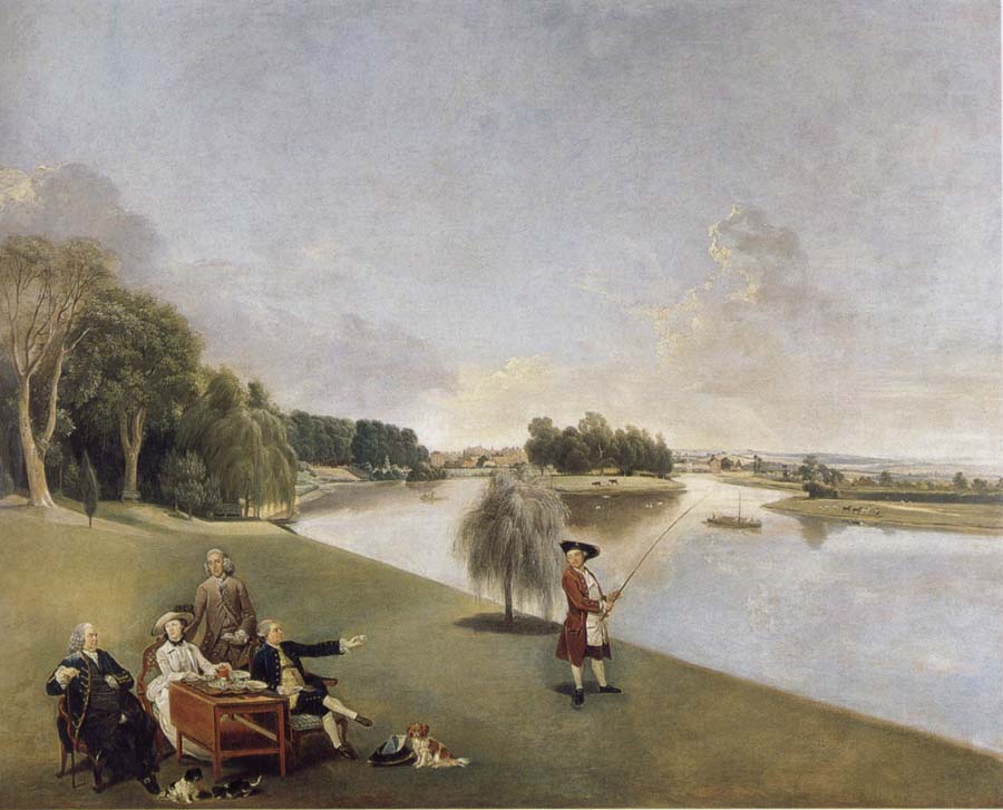 A View of the grounds of Hampton House with Mrs and Mrs Garrick taking tea